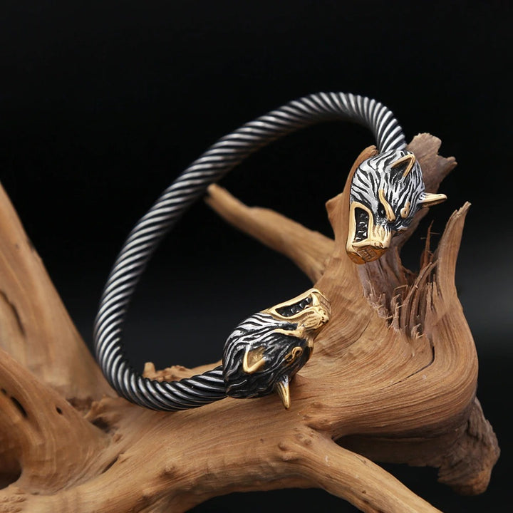 Viking Dual-Wolf Head Bracelet