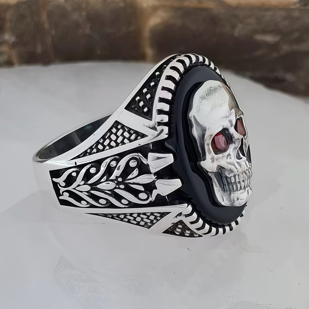 Silver Skull Ring with Ruby Eyes