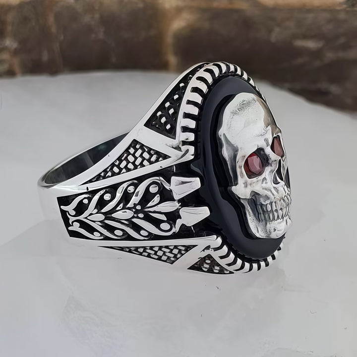 Silver Skull Ring with Ruby Eyes