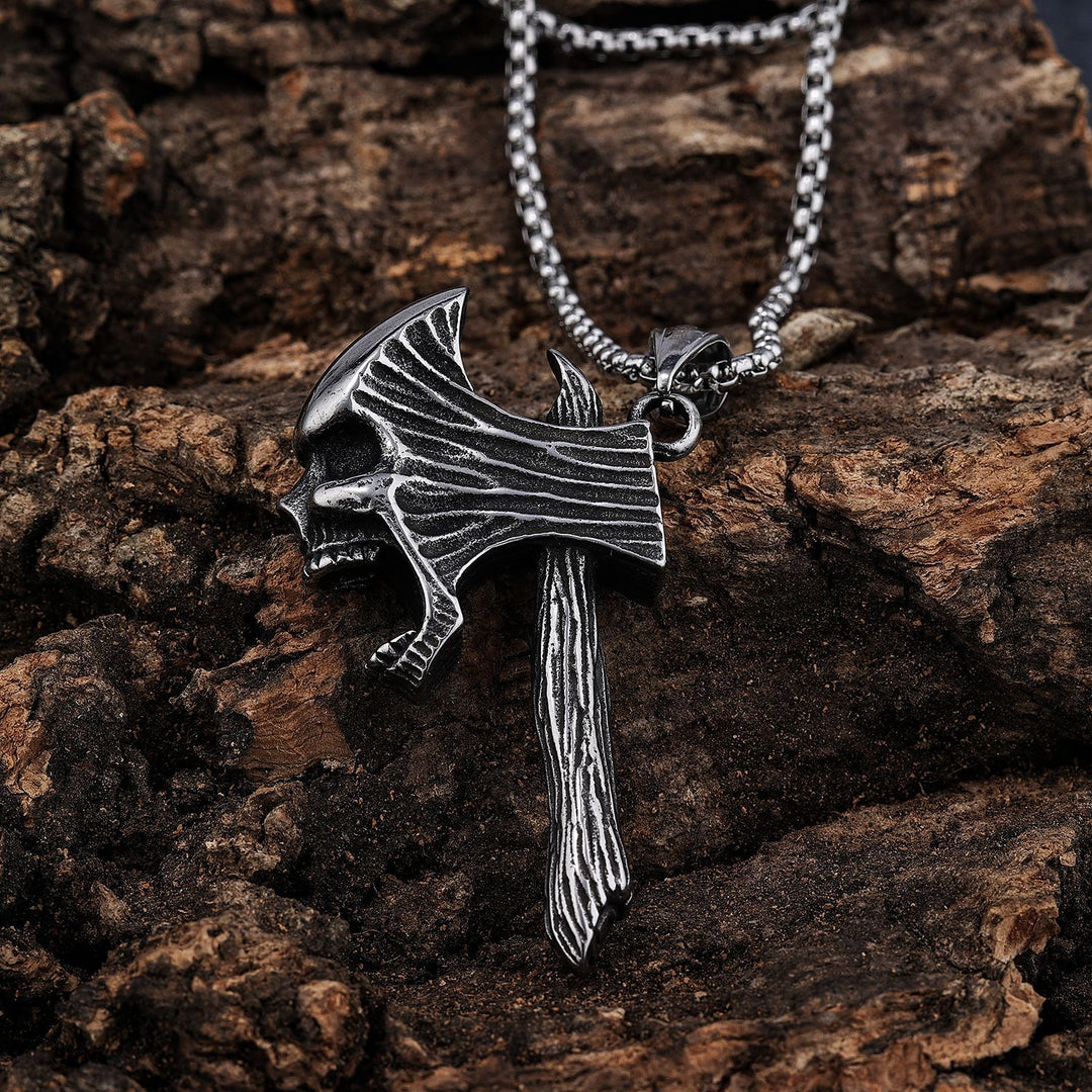 Retro skull axe necklace