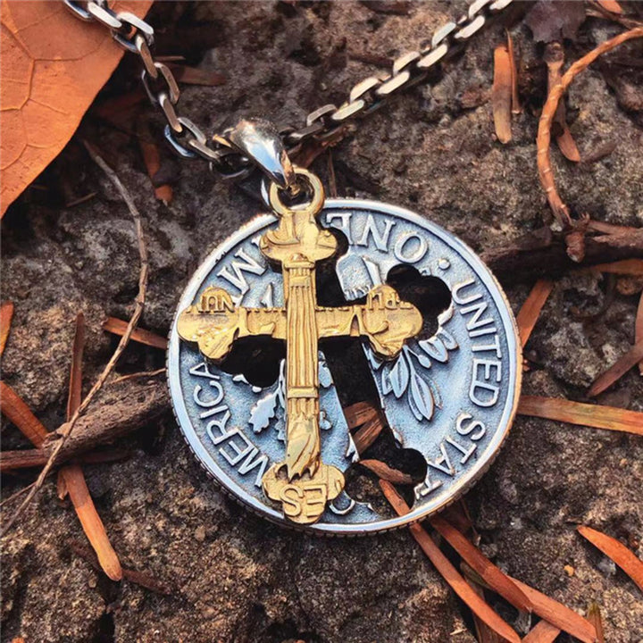 Openwork coin cross necklace