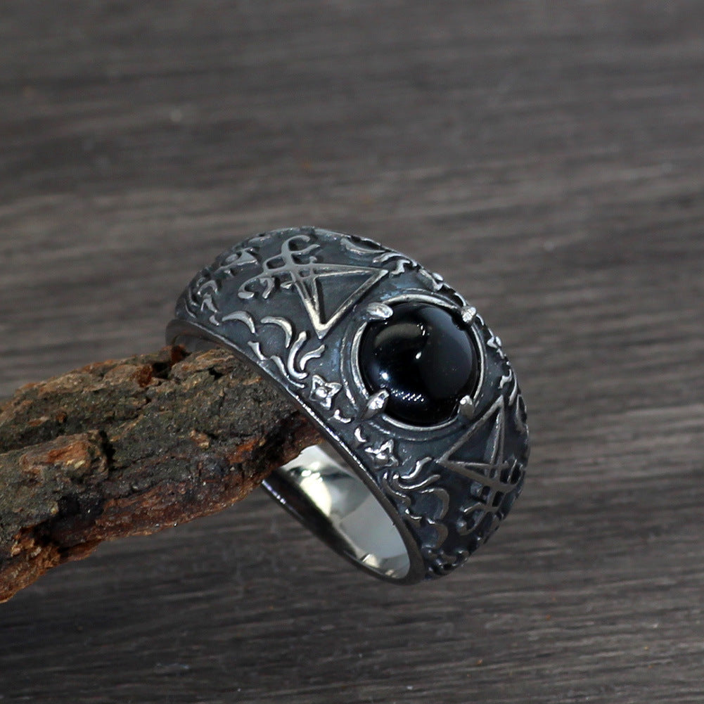 Mystical Symbol Black Gemstone Ring