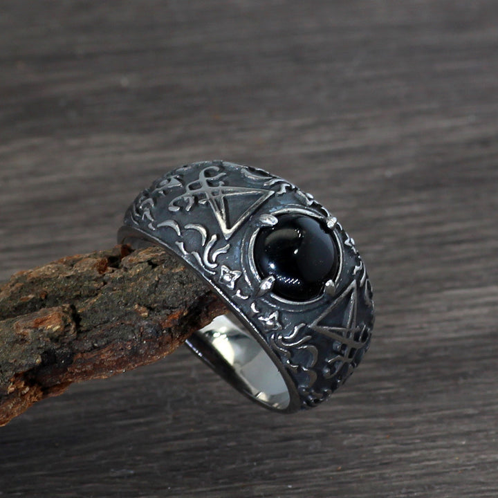 Mystical Symbol Black Gemstone Ring