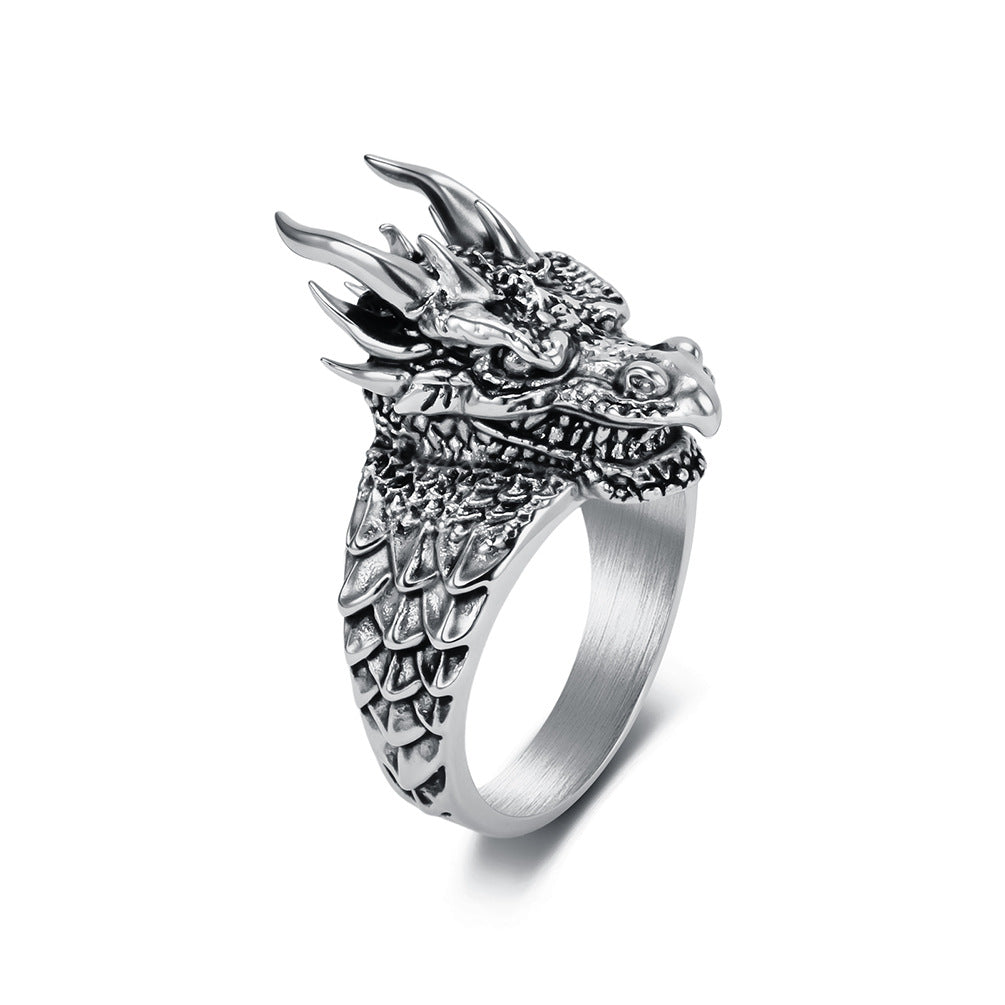 Dark-style relief dragon titanium steel ring