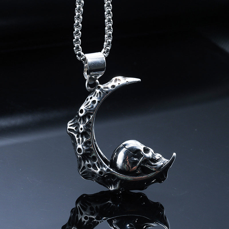 Trendy Vintage Crescent Skull Stainless Steel Titanium Necklace