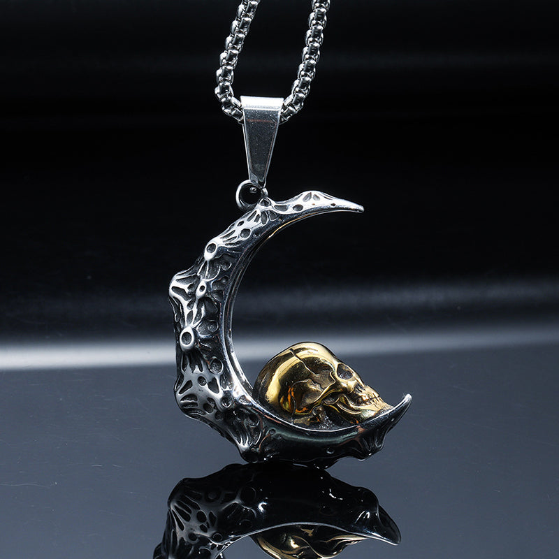 Trendy Vintage Crescent Skull Stainless Steel Titanium Necklace