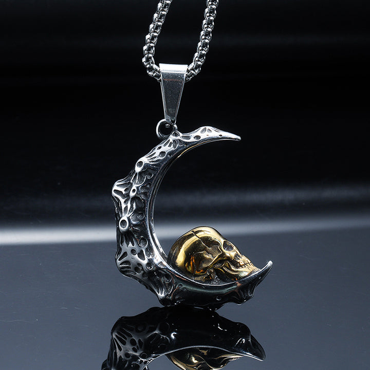 Trendy Vintage Crescent Skull Stainless Steel Titanium Necklace