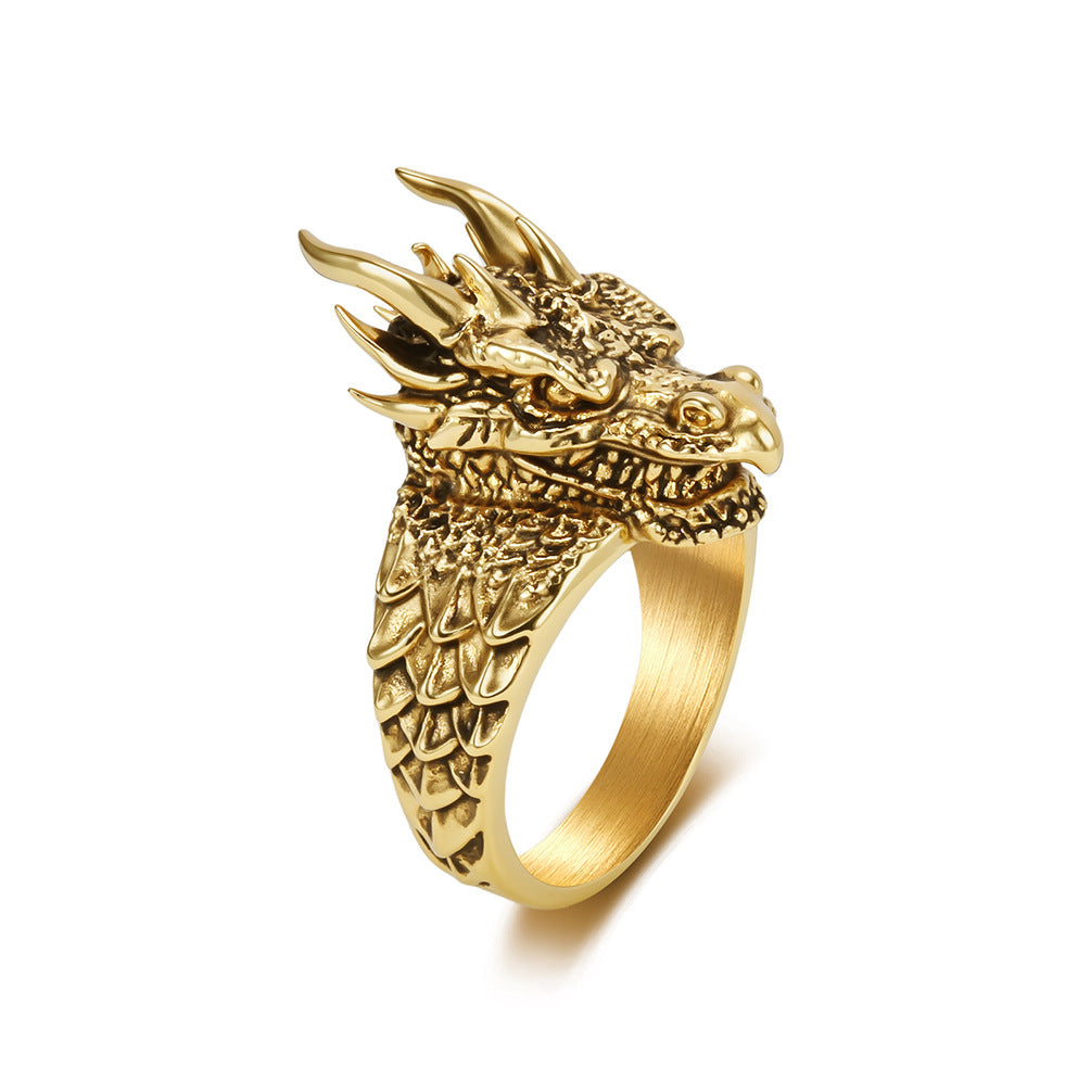 Dark-style relief dragon titanium steel ring