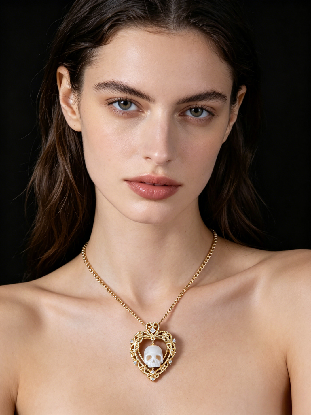 Openwork Heart-Shaped Skull Pendant Necklace