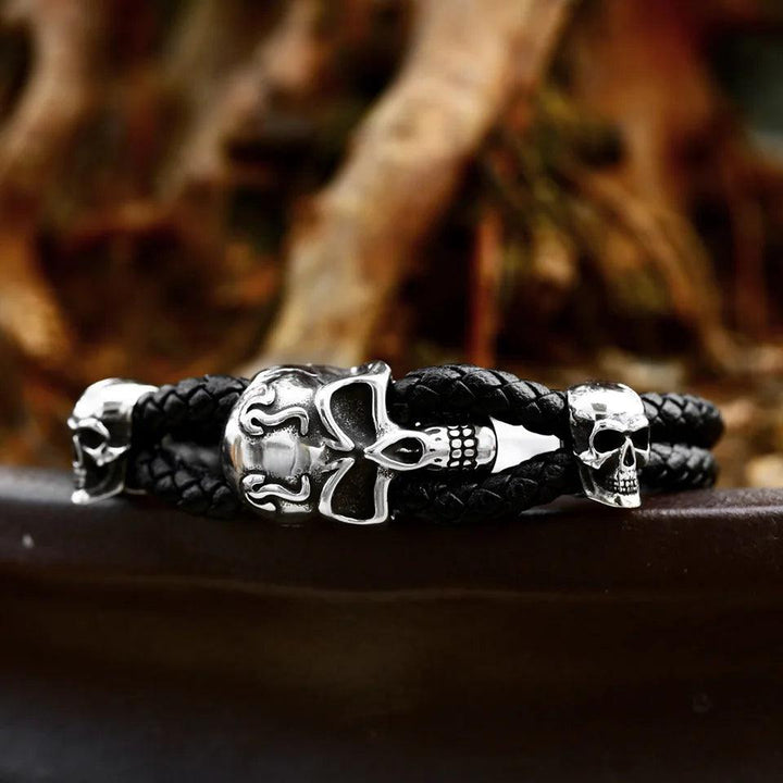 Biker Three Skull Accent Braided Slip On Wrist Band