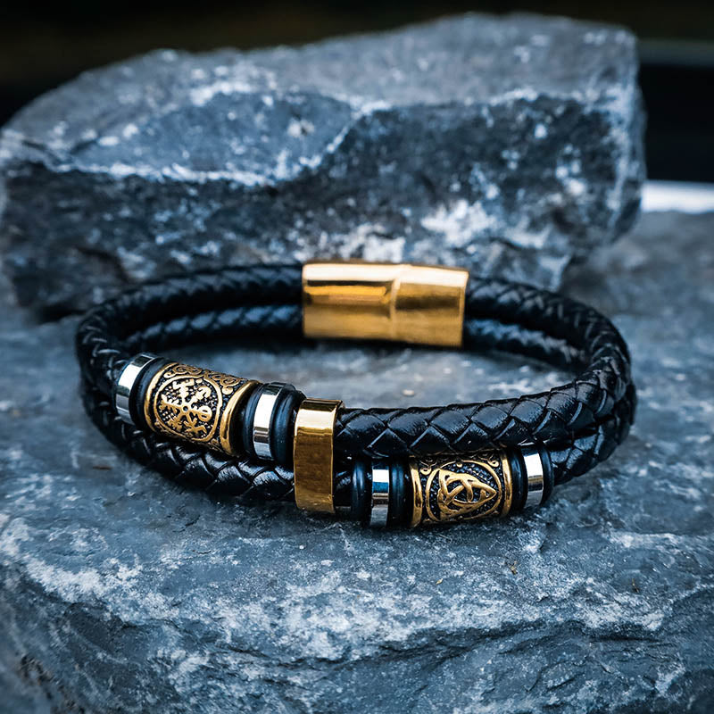 Nordic Viking Symbol Braided Leather Men Bracelet