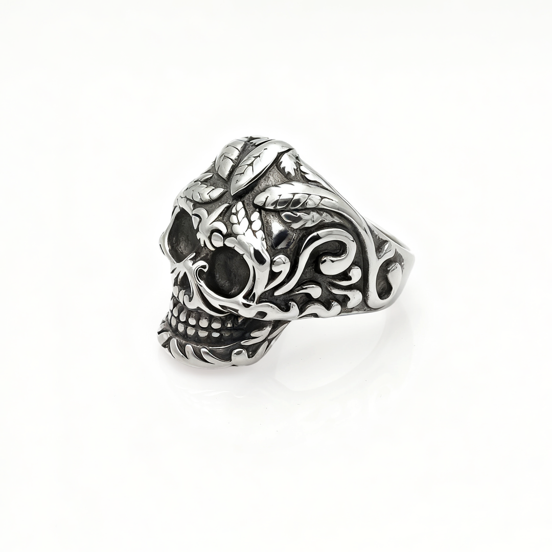Carved floral skull vintage ring