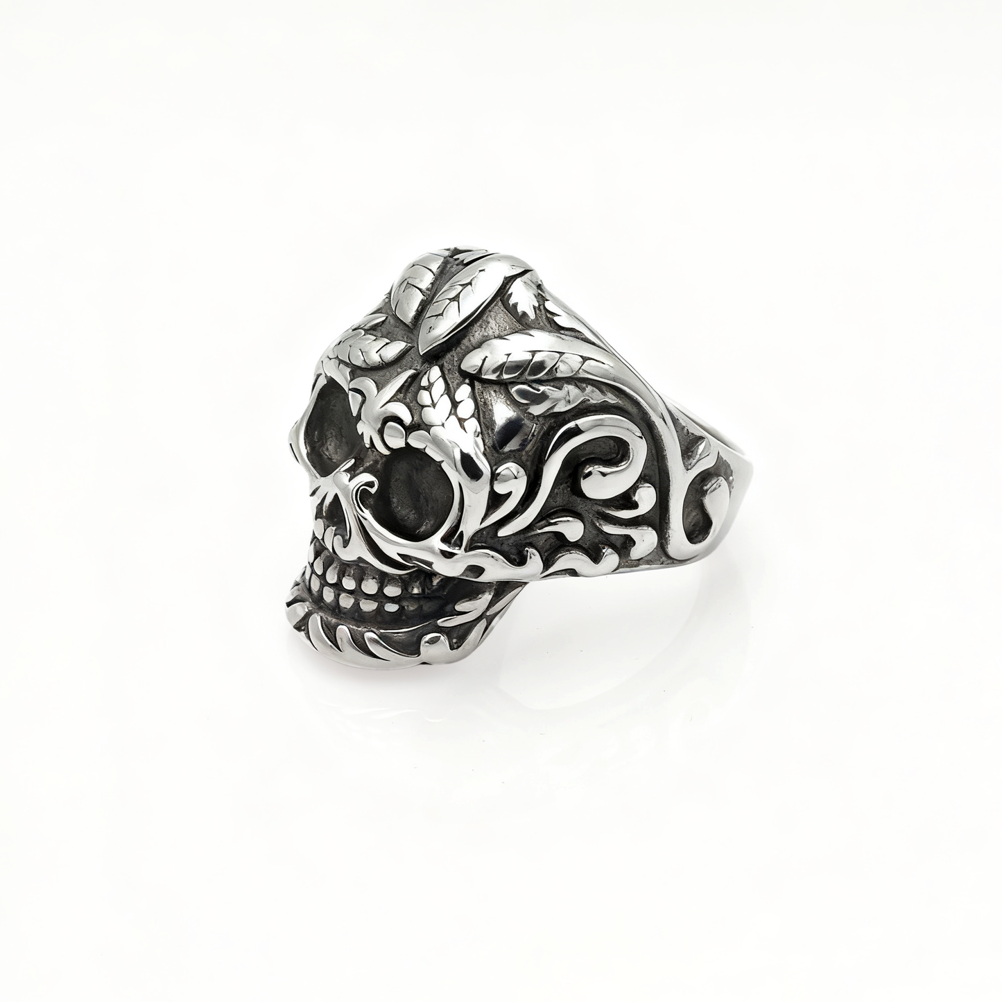 Carved floral skull vintage ring