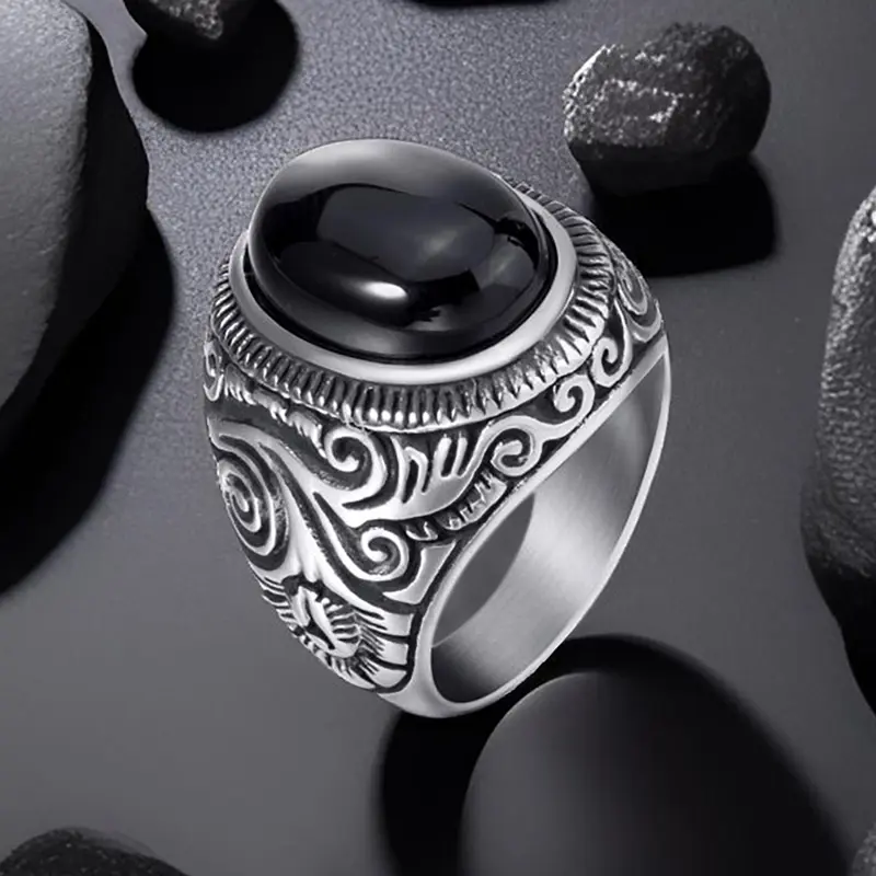 Vintage Carved Signet Ring With Oval Gemstone