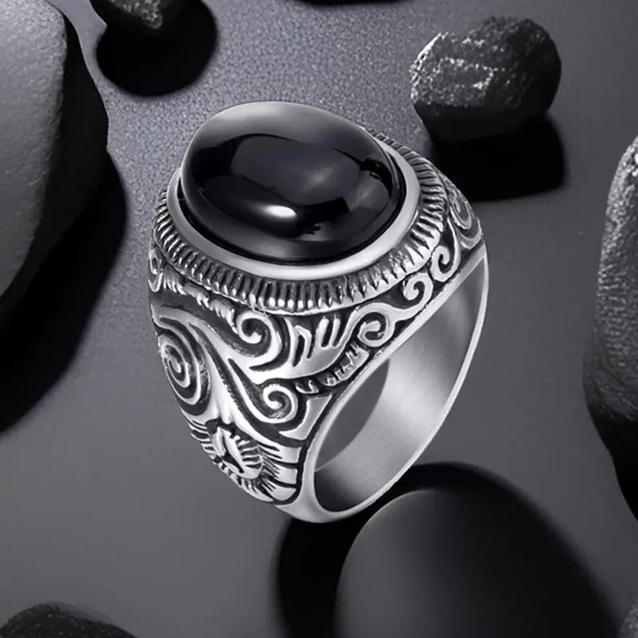 Vintage Carved Signet Ring With Oval Gemstone
