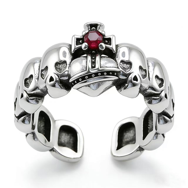 Vintage Skull Red Gem Open Cuff Sterling Silver Ring