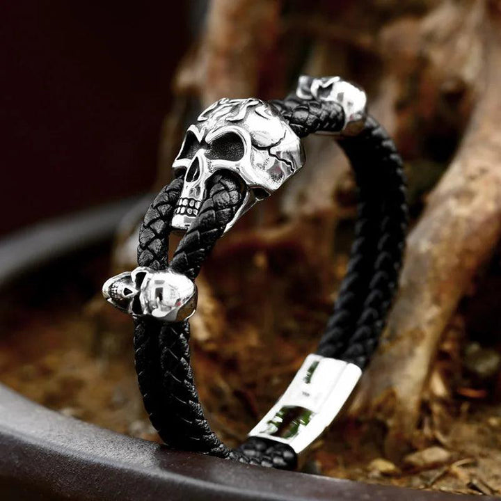 Biker Three Skull Accent Braided Slip On Wrist Band