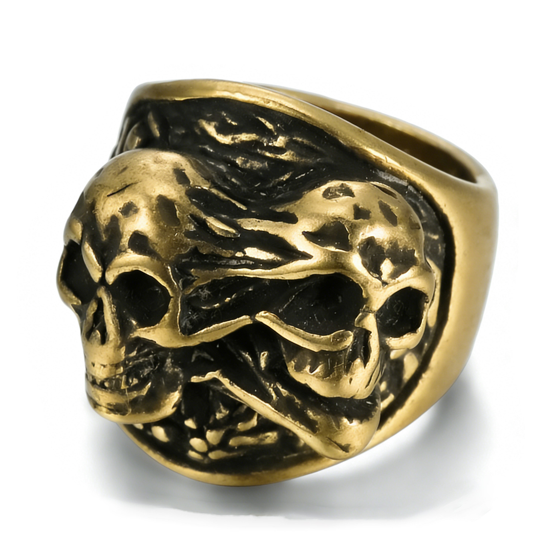 Mens Double Skull Ring Gothic Biker Statement Finger Jewelry