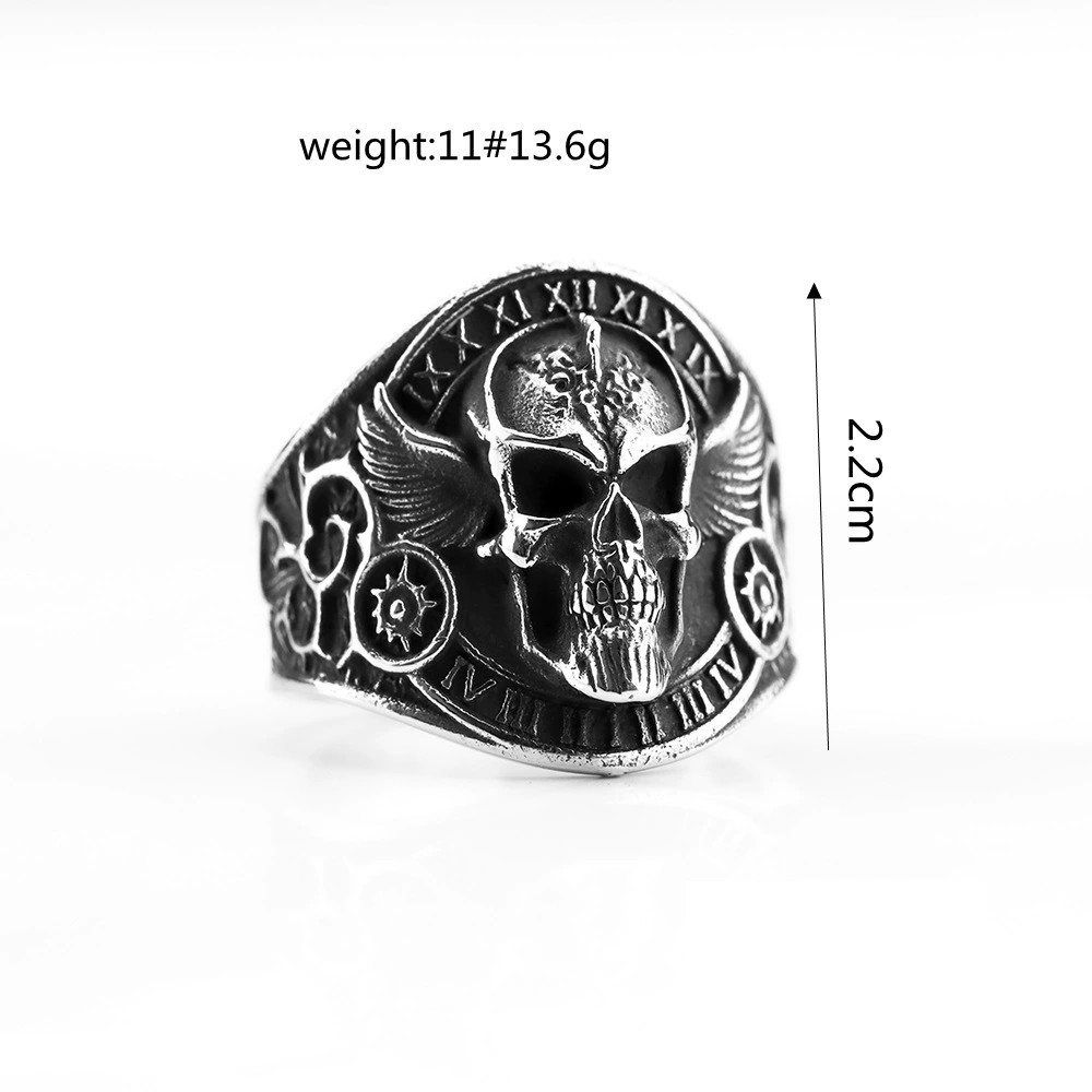 Retro Winged Skull Roman Numeral Biker Ring