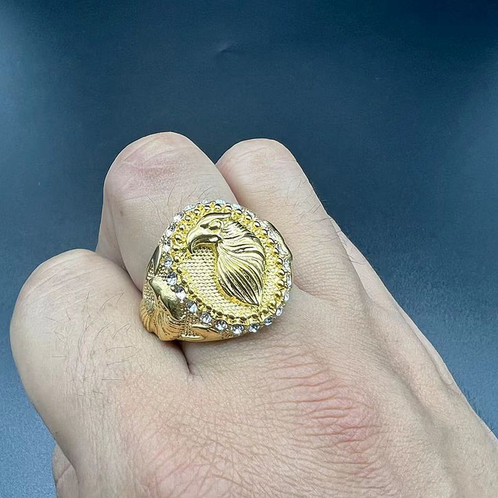 Embossed Eagle Head Crystal Border Men Signet Ring