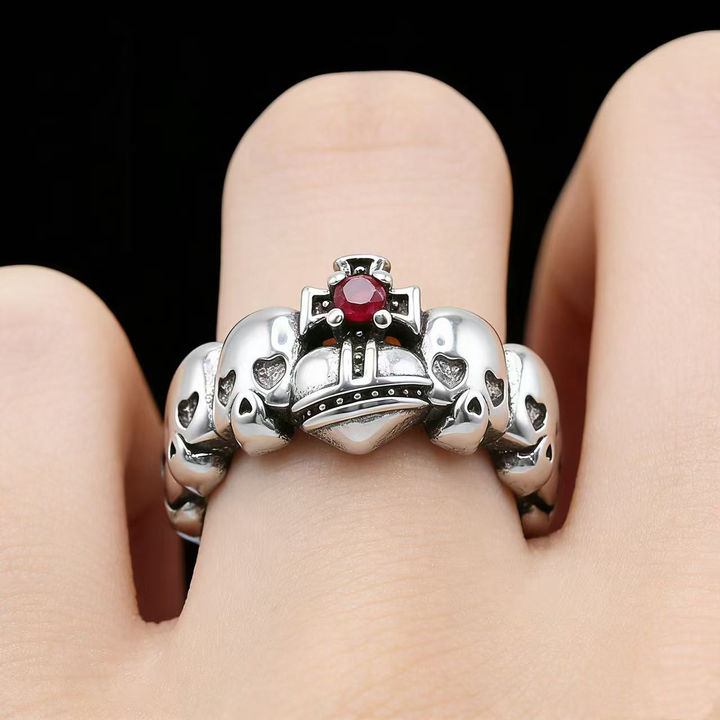 Vintage Skull Red Gem Open Cuff Sterling Silver Ring