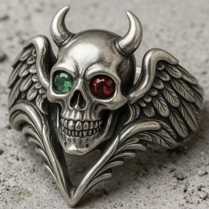 Goth Demon Skull Wing Twin Gem Ring