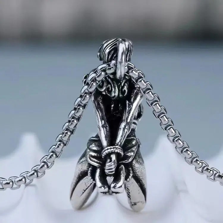 Retro Silver Tone Blindfolded Girl Sculpted Pendant Necklace