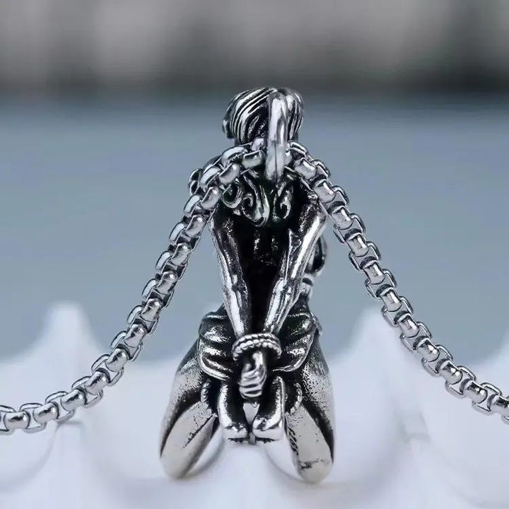 Retro Silver Tone Blindfolded Girl Sculpted Pendant Necklace