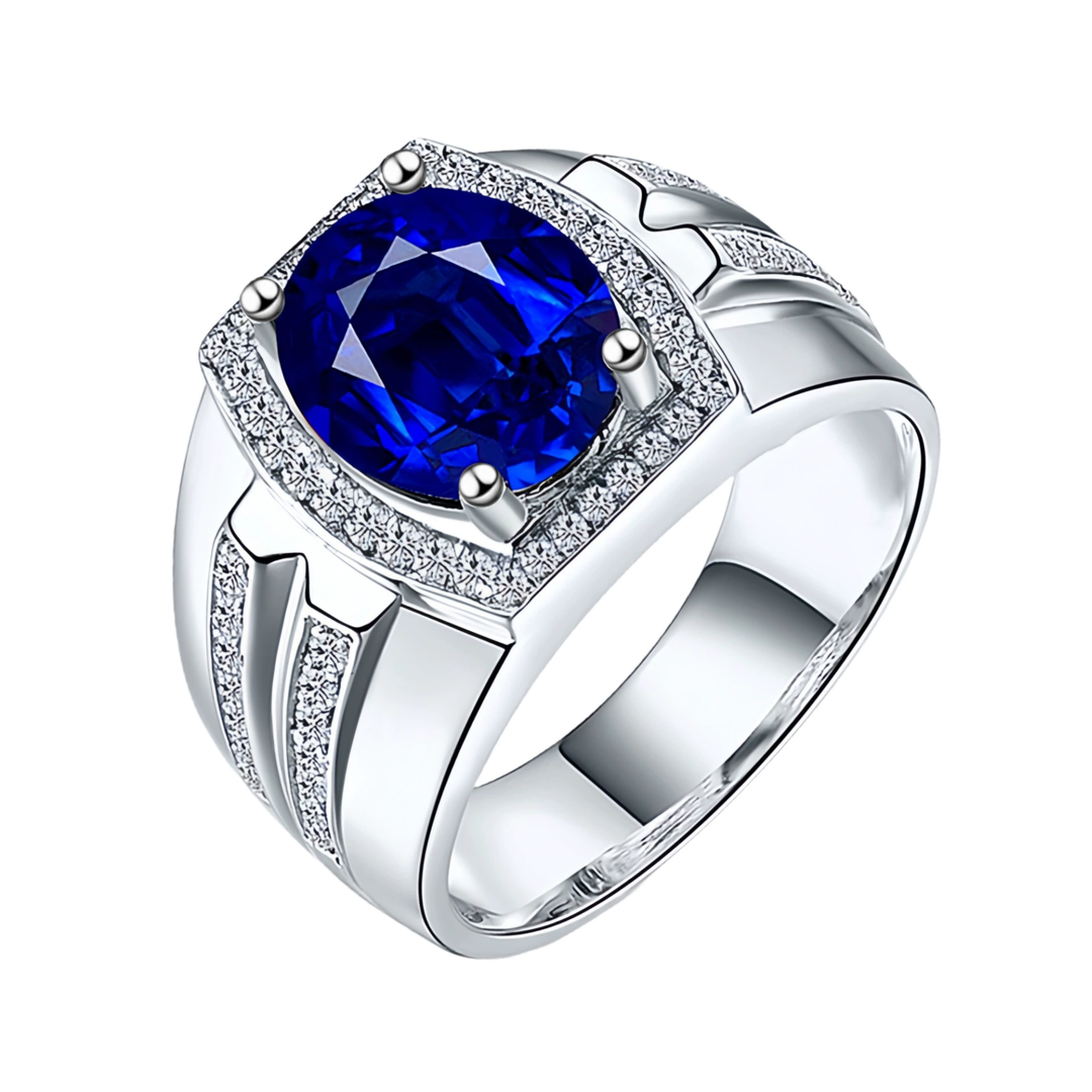 Vintage Halo Oval Cut Gemstone Men Band Ring