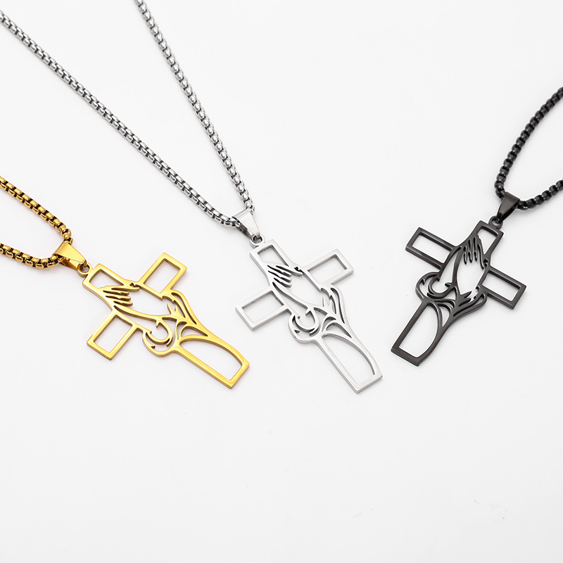 Christian Prayer Hand Cutout Cross Pendant Necklace