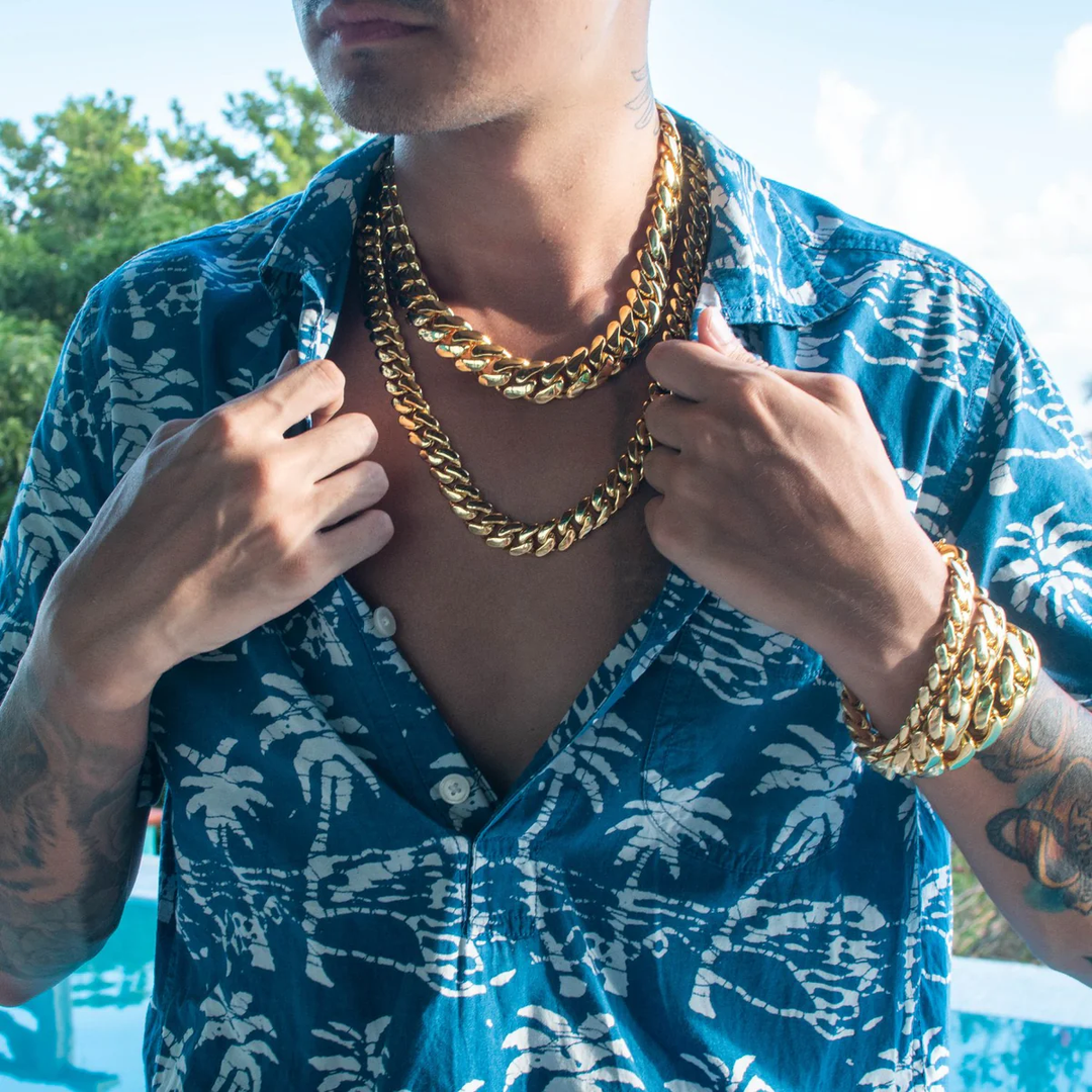 12mm 18K Gold Cuban Chain and Bracelet Set