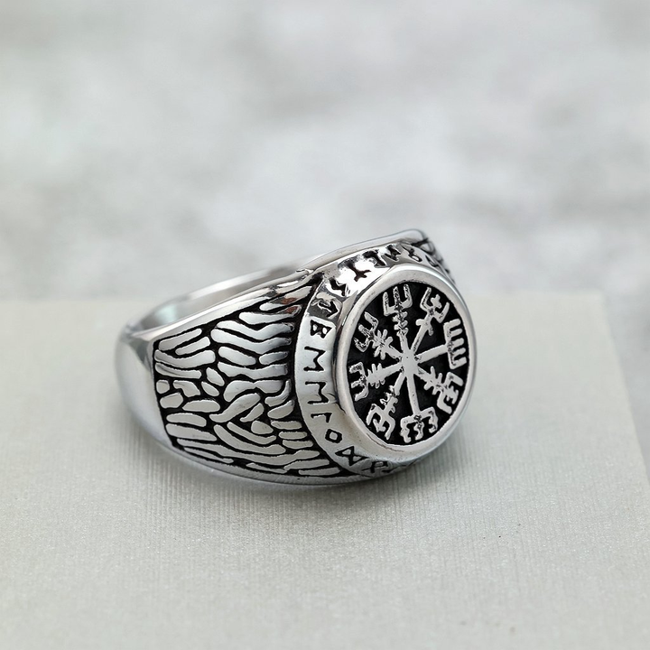 Vintage Viking Compass Rune Signet Ring for Men
