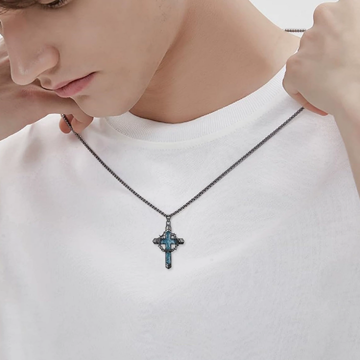 Crown of Thorns Turquoise Inlay Cross Pendant Necklace