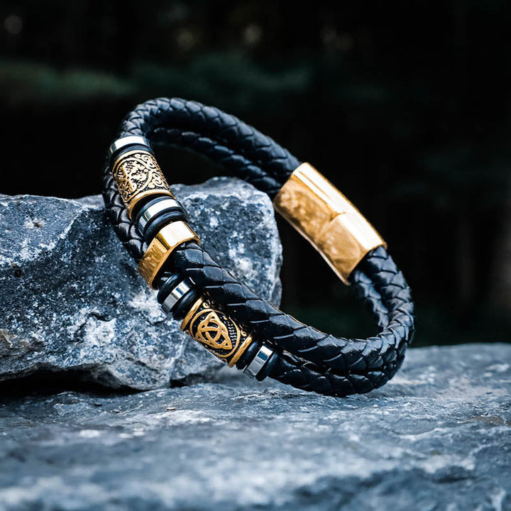 Nordic Viking Symbol Braided Leather Men Bracelet