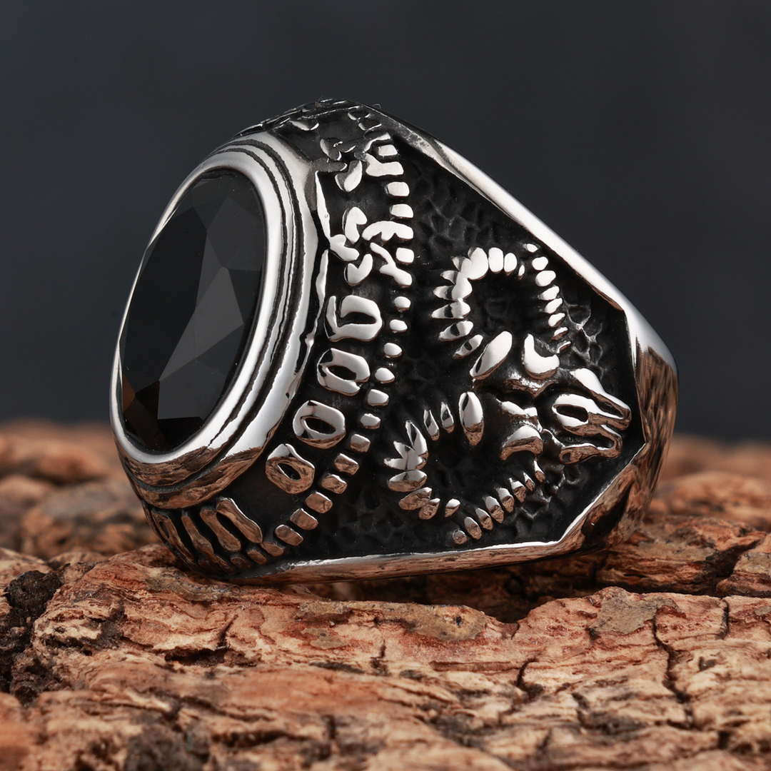 Gothic Skull Engraved Gem Set Mens Biker Signet Ring