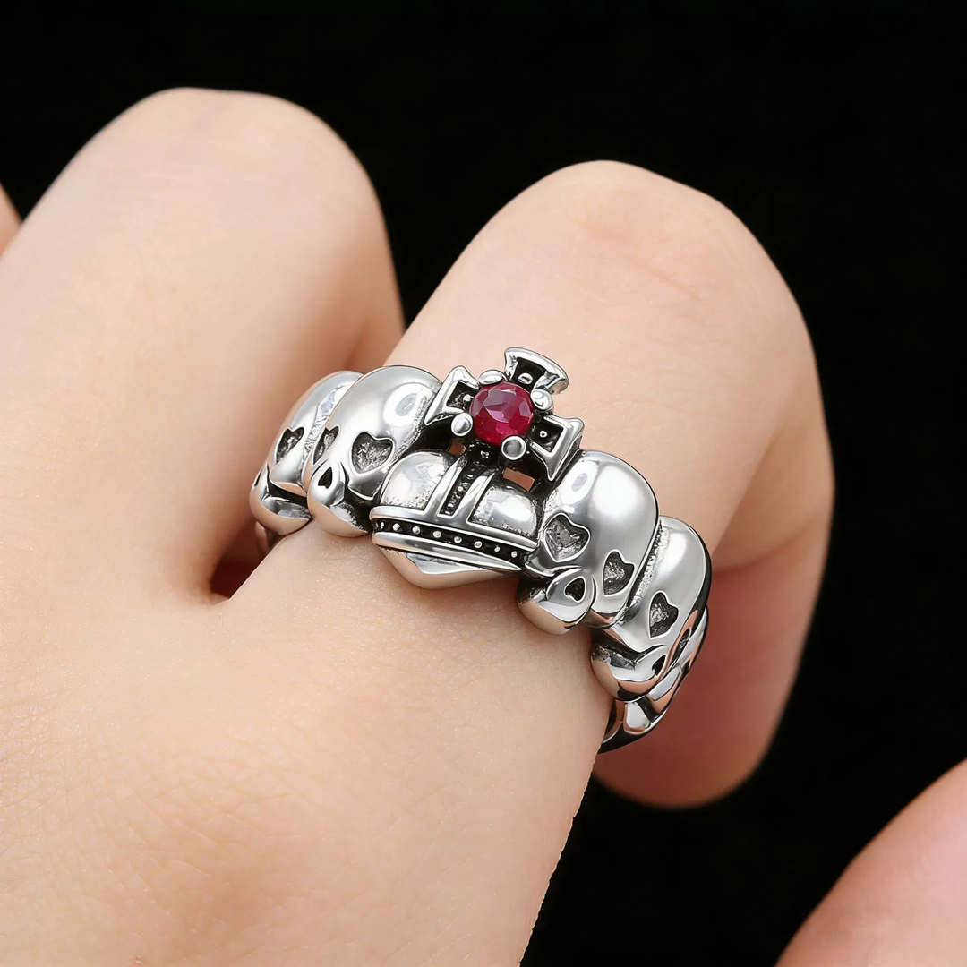 Vintage Skull Red Gem Open Cuff Sterling Silver Ring