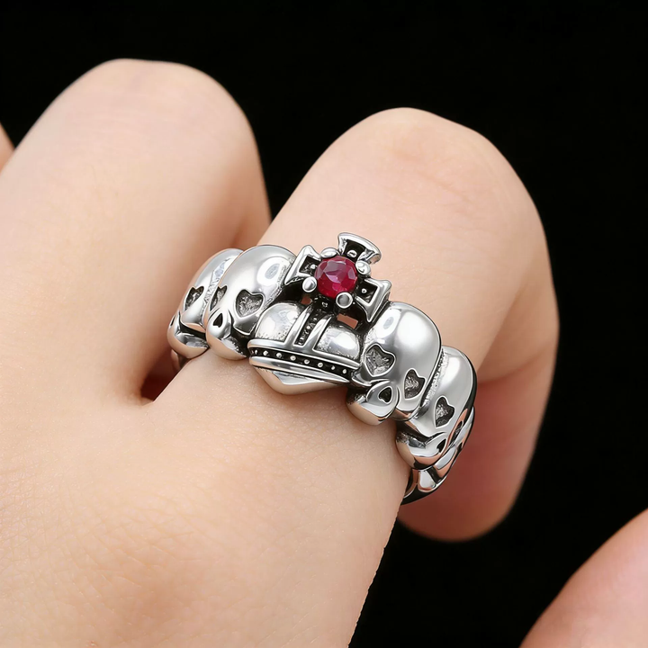 Vintage Skull Red Gem Open Cuff Sterling Silver Ring