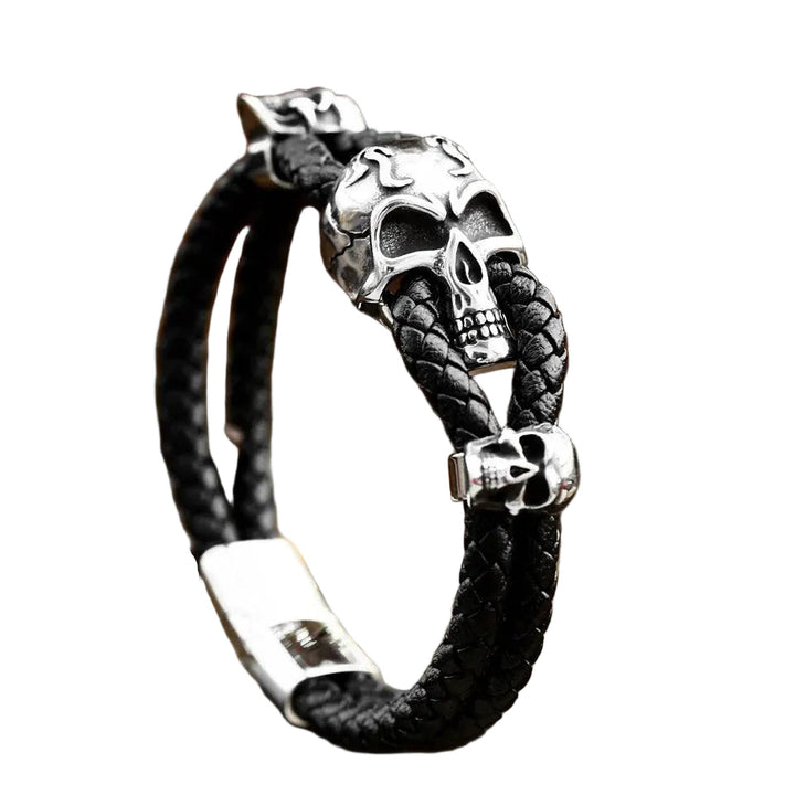 Biker Three Skull Accent Braided Slip On Wrist Band