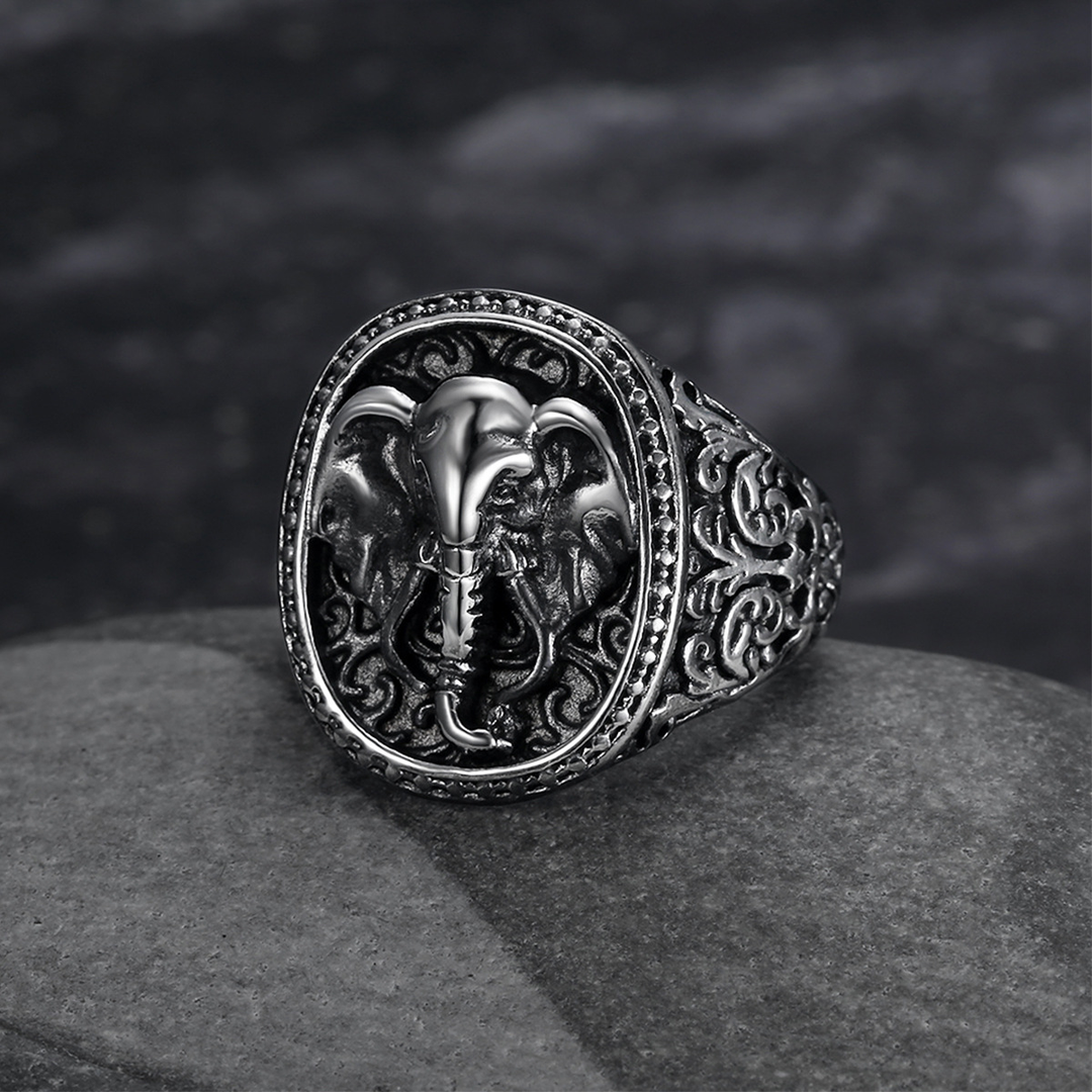 Vintage Engraved Elephant Totem Signet Statement Ring