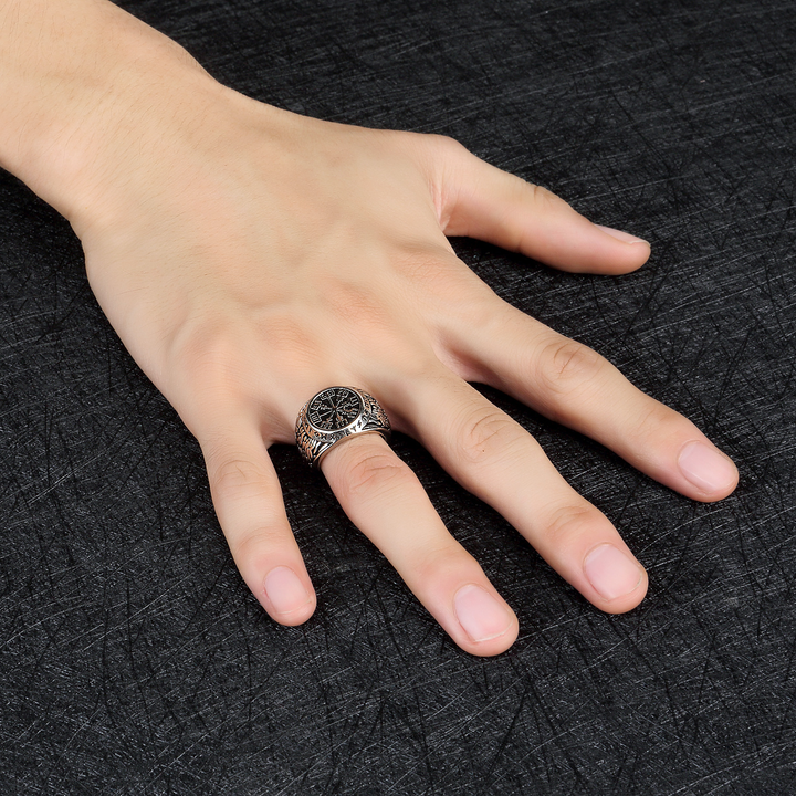 Vintage Viking Compass Rune Signet Ring for Men