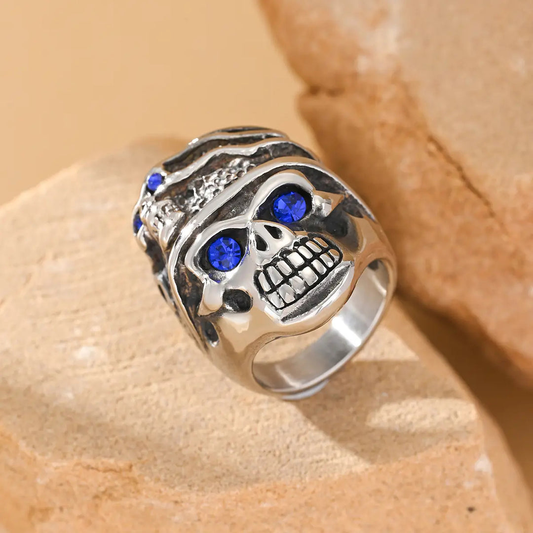 Pirate Double Skull Blue Gem Statement Ring