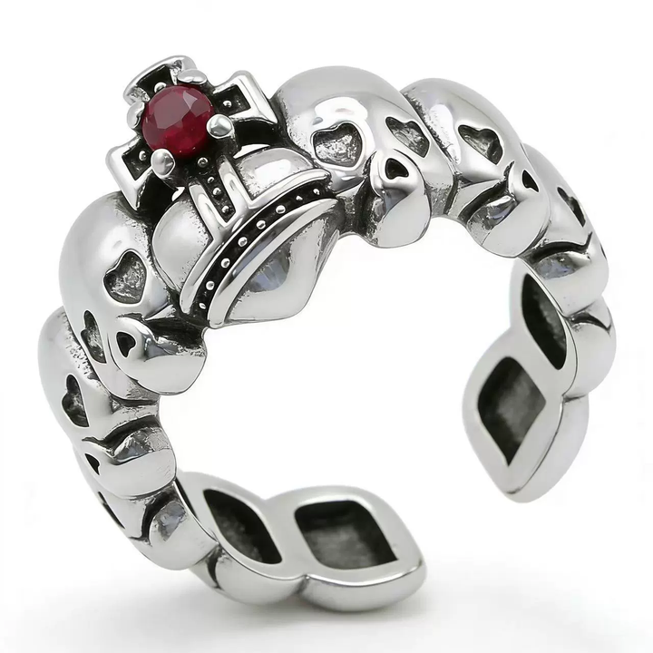 Vintage Skull Red Gem Open Cuff Sterling Silver Ring