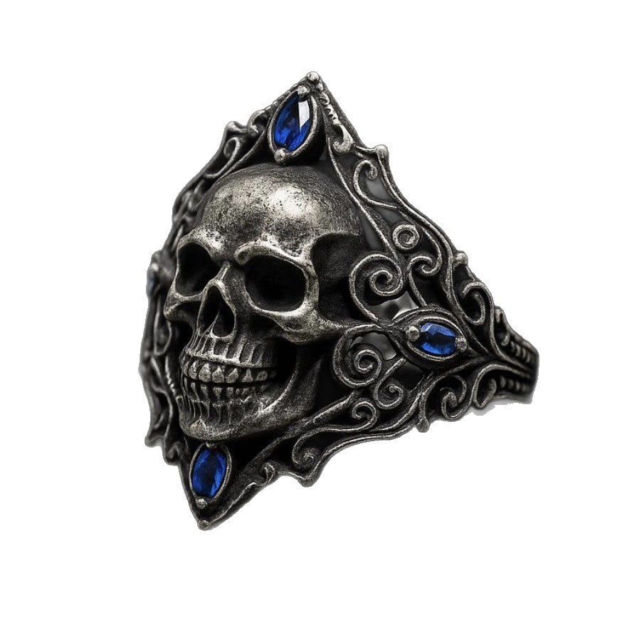 Antique Black Metal Gothic Skull Sapphire Ring