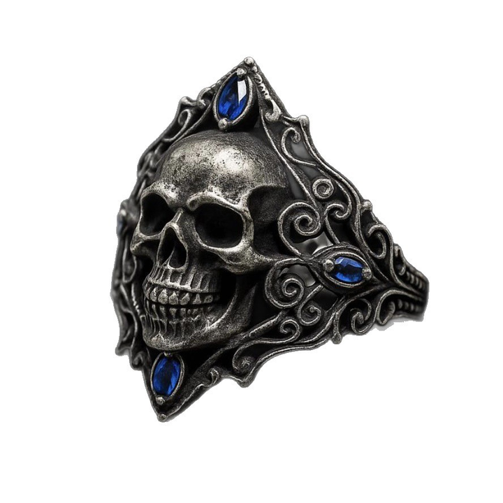 Antique Black Metal Gothic Skull Sapphire Ring
