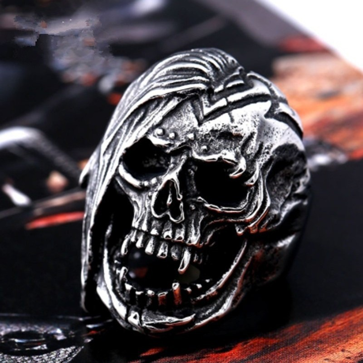 Antique Washed Grim Reaper Skull Punk Finger Ring
