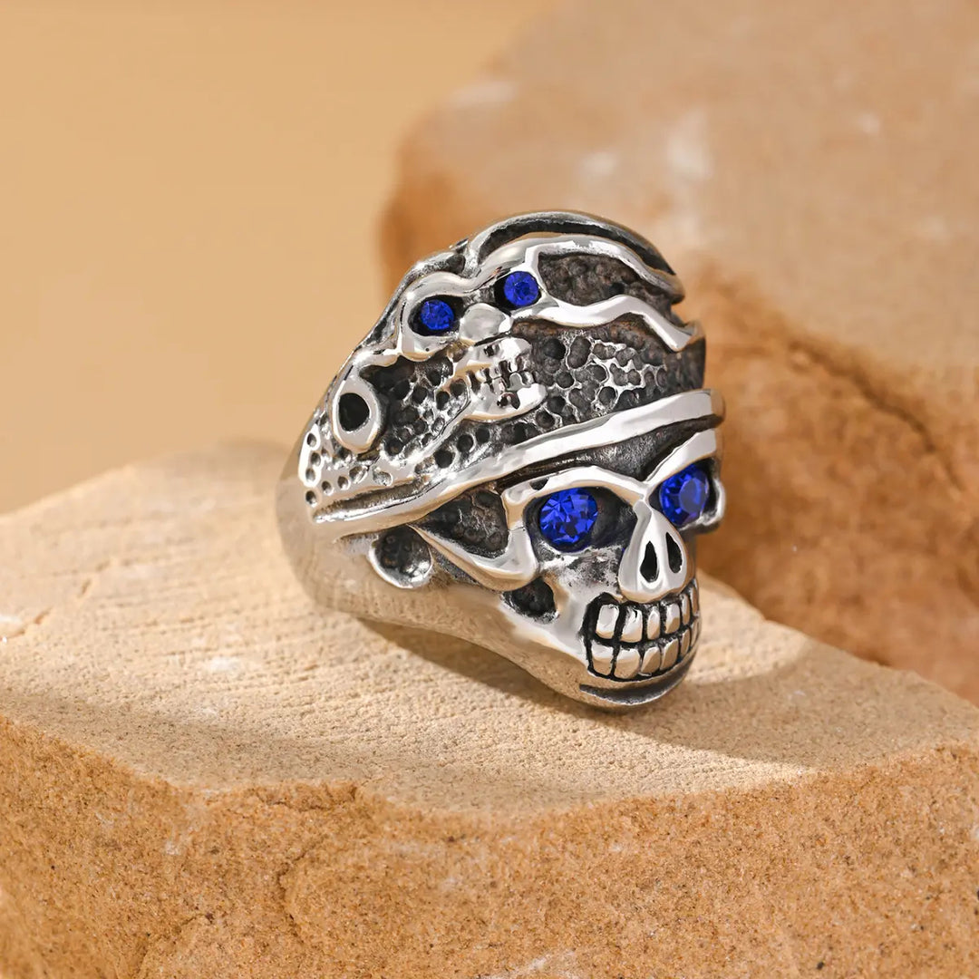 Pirate Double Skull Blue Gem Statement Ring