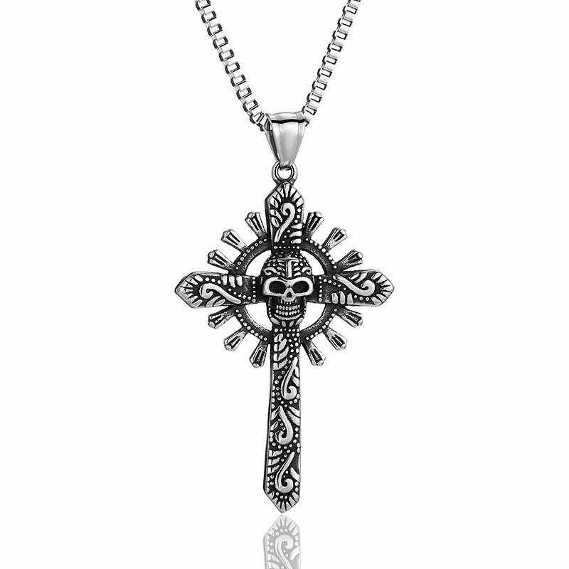 Vintage Skull Cross Pendant Necklace Stainless Steel