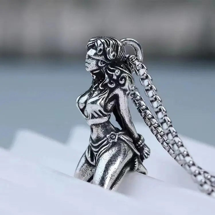 Retro Silver Tone Blindfolded Girl Sculpted Pendant Necklace