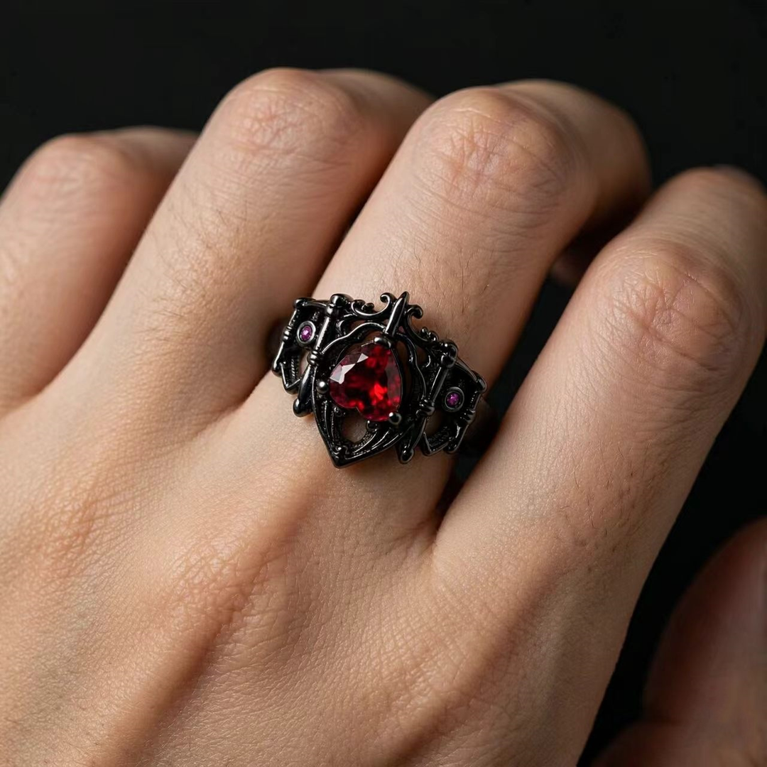 Dark Retro Heart Stone Hollow Gothic Style Ring