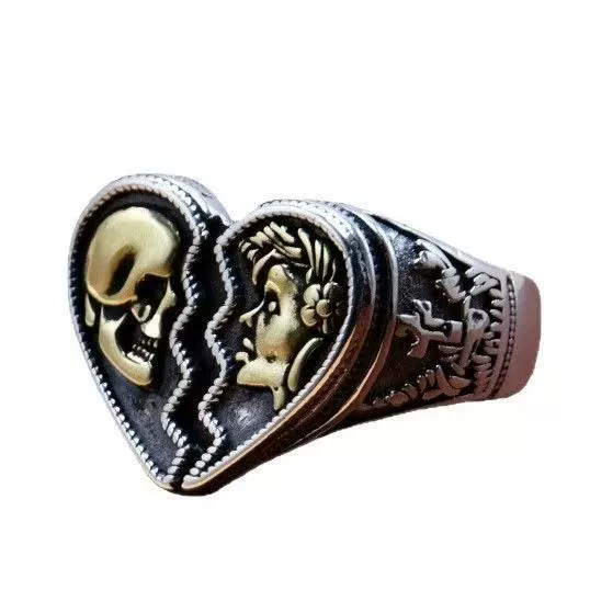 Two-Tone Split Heart Skull &amp; Woman Gothic Adjustable Ring
